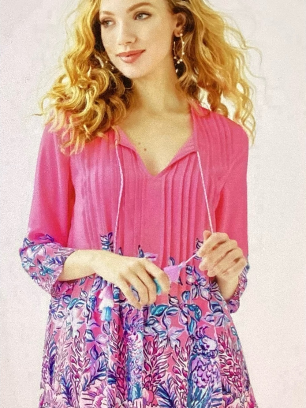 Lilly Pulitzer Marilina Pink Lucky Lady Tropics Tassel Tunic Top